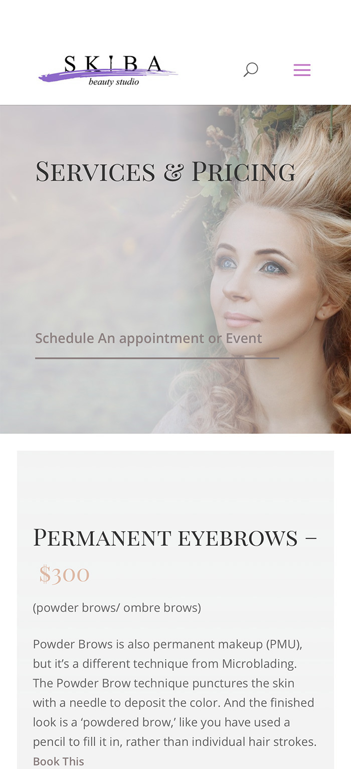 Skiba Beauty Studio mobile website